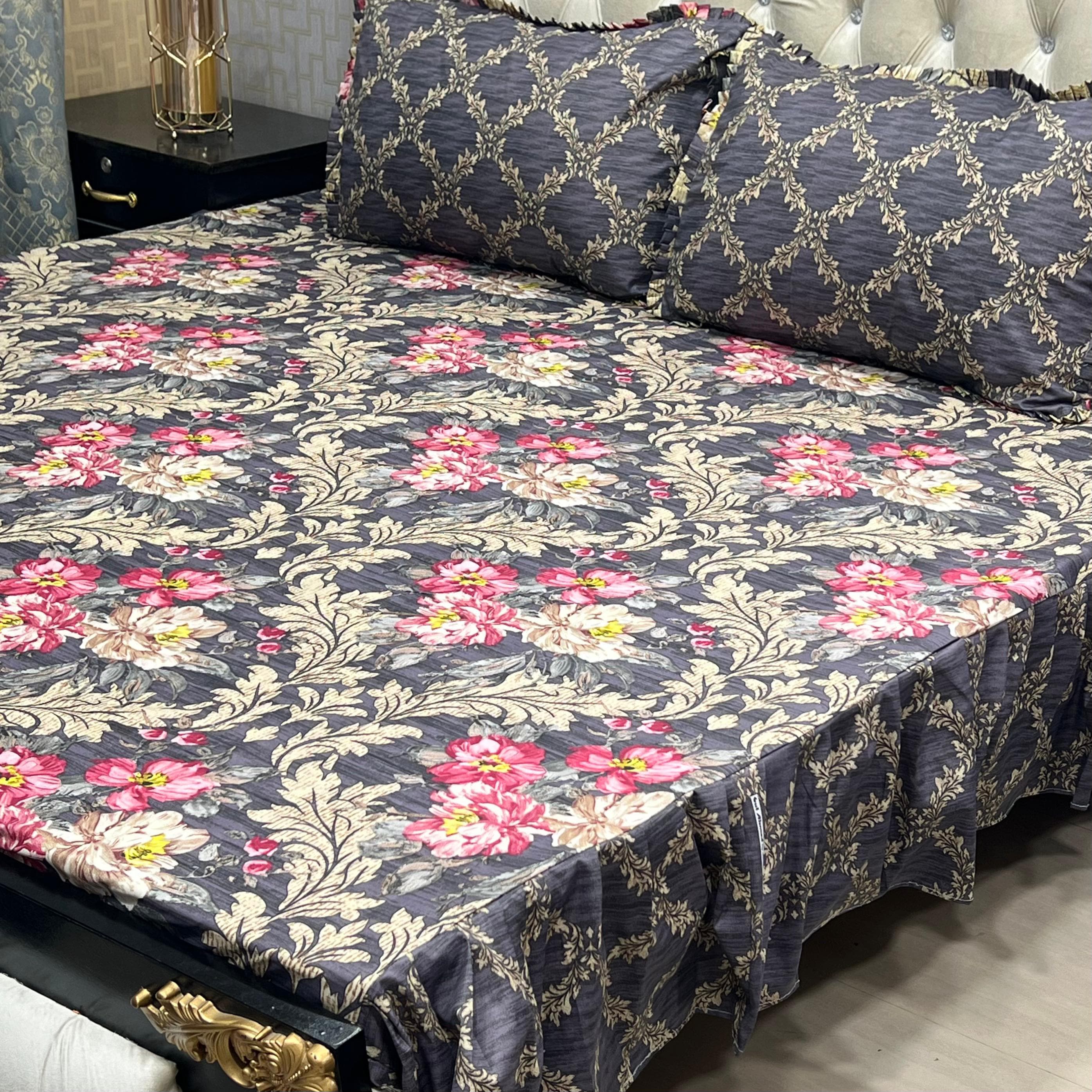 3 Pc Stitched 2 Sided Frill Bedsheets
