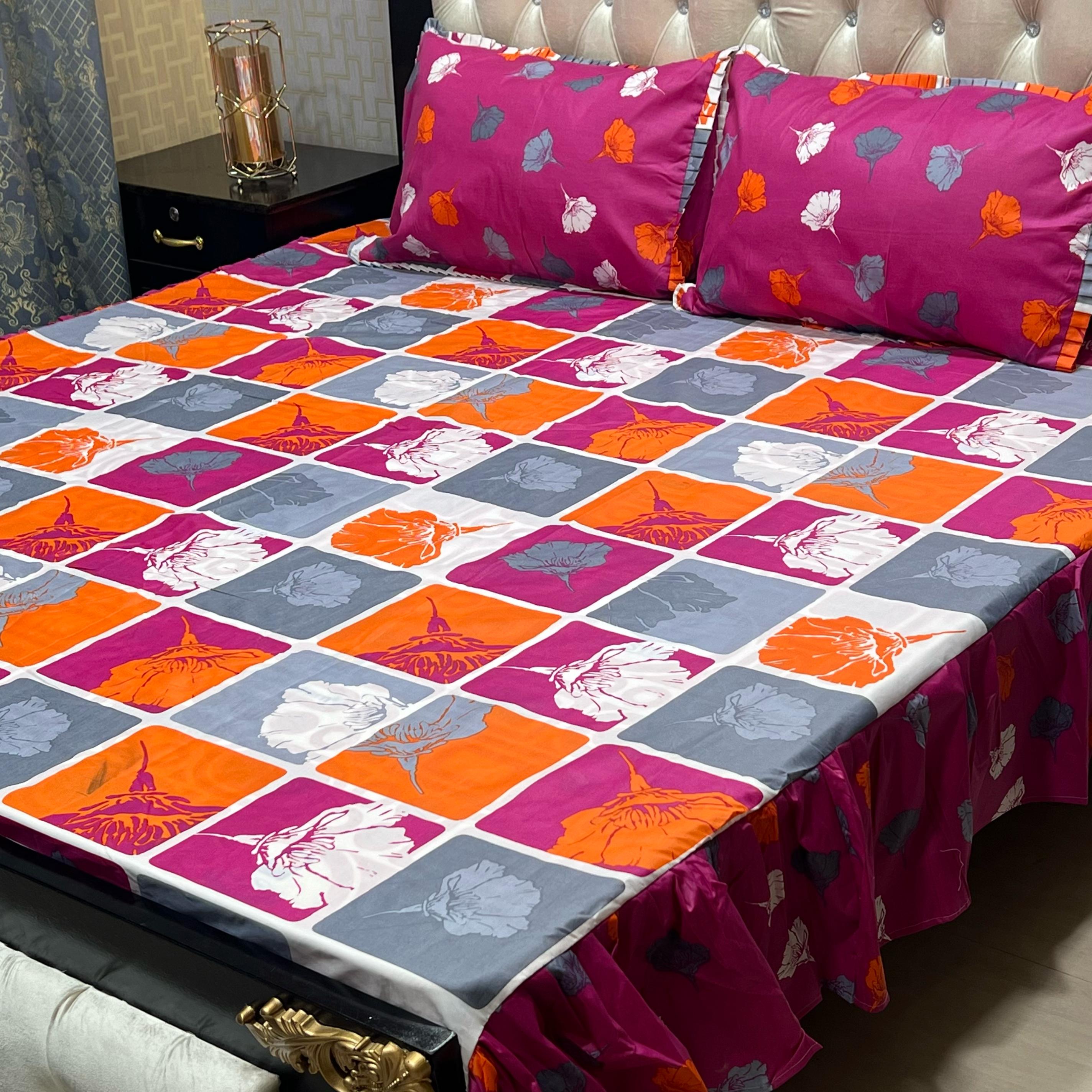 3 Pc Stitched 2 Sided Frill Bedsheets