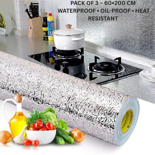 ALUMINIUM FOIL STICKER PACK OF 3 – 60×200 CM WATERPROOF • OIL-PROOF • HEAT RESISTANT SHEET ROLL FOR KITCHEN SILVER